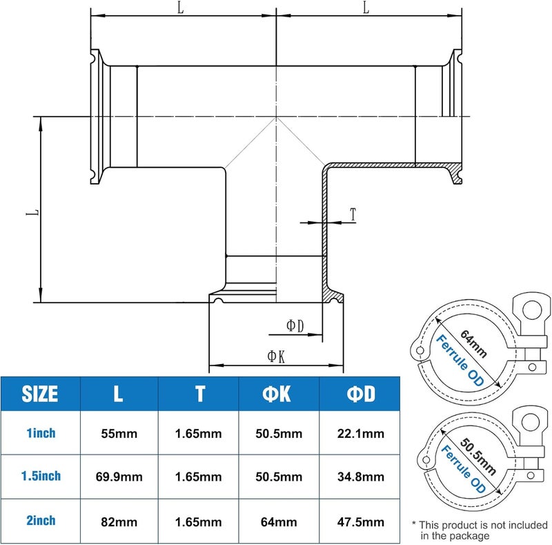 JMCOLMT 1" Tri Clamp Tee 3 Way Sanitary Fitting Equal Tee Tube 25mm Pipe OD Stainless Steel 304 Sanitary Polished - Image 5